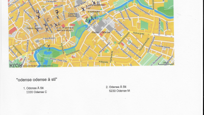 kort over Odense midtby med indtegnede poster